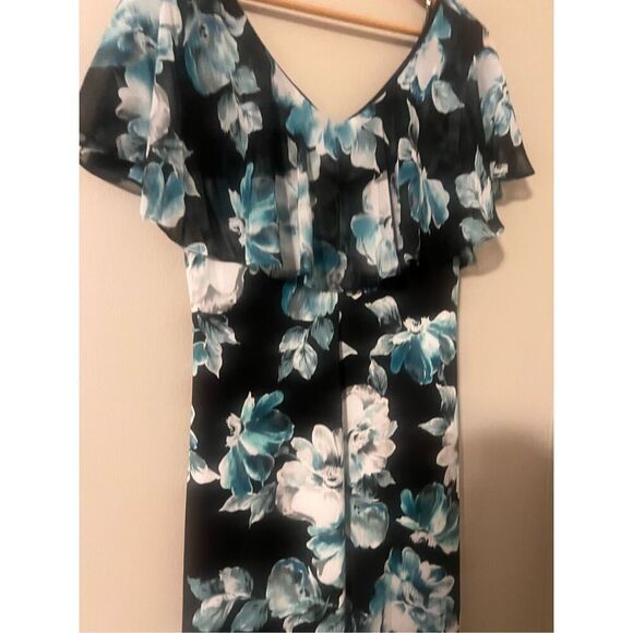 Connected Apparel 12 Ruffle Chest Floral Midi Dress Black Blue Wedding Guest NWT - Picture 11 of 15